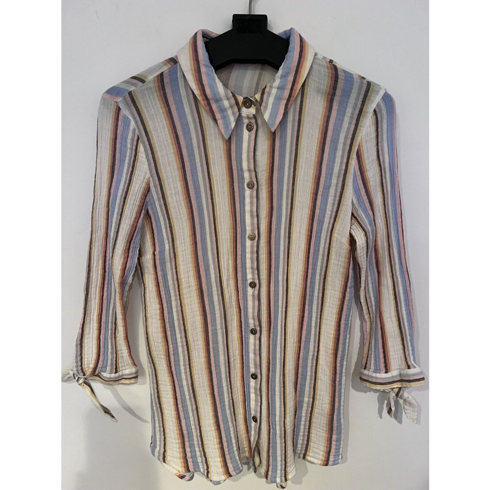 Soft Surroundings White Blue Striped Button Up Shirt Size Medium